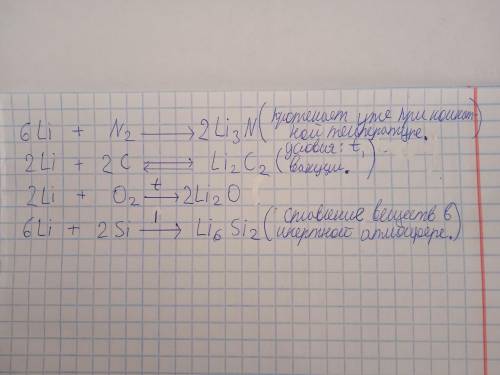 Li взаимодействует с азотом, с кремнием, с углеродом, с водородом, с кислородом (напишите уравнения