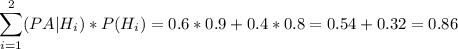 \displaystyle \sum\limits _{i=1}^2(PA|H_i)*P(H_i)=0.6*0.9+0.4*0.8 = 0.54+0.32=0.86