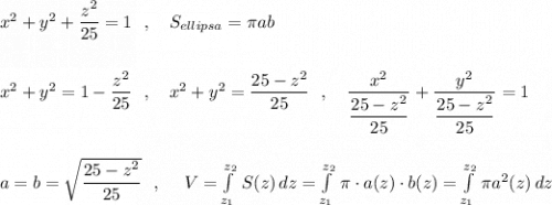 x^2+y^2+\dfrac{z^2}{25}=1\ \ ,\ \ \ S_{ellipsa}=\pi ab\\\\\\x^2+y^2=1-\dfrac{z^2}{25}\ \ ,\ \ \ x^2+y^2=\dfrac{25-z^2}{25}\ \ ,\ \ \ \dfrac{x^2}{\dfrac{25-z^2}{25}}+\dfrac{y^2}{\dfrac{25-z^2}{25}}=1\\\\\\a=b=\sqrt{\dfrac{25-z^2}{25}}\ \ ,\ \ \ \ V=\int\limits^{z_2}_{z_1}\, S(z)\, dz=\int\limits^{z_2}_{z_1}\, \pi \cdot a(z)\cdot b(z)=\int\limits^{z_2}_{z_1}\, \pi a^2(z)\, dz