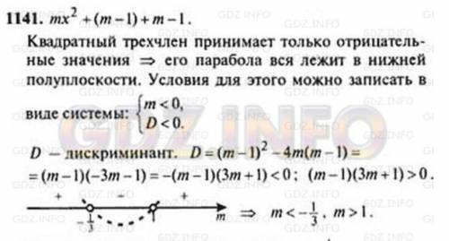 При каких значениях m квадратный трёхчлен mx²+(m-1)x+m-1 принимает лишь отрицательные значения ​