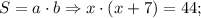 S=a \cdot b \Rightarrow x \cdot (x+7)=44;