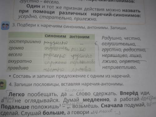 3. Подбери к наречиям синонимы, антонимы. Запиши. синоним антонимгостеприимногромковеселоРадушно, че