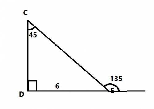 Прямоуголный Треугольник СДЕ Угол с равен 45 градусам ДЕ равен 6 дм угол Е снаружи равен 135 градуса