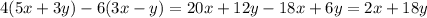 4(5x + 3y) - 6(3x - y) = 20x + 12y - 18x + 6y = 2x + 18y