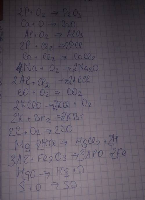 P+ O2 ---> P203 Ca+O) --->CaO Al + O2 ---> AlO3 P + Cl2 ---> PCI Ca + Cl2 ---> CaCl2