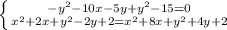 \left \{ {{-y^2- 10x - 5y + y^2 - 15=0} \atop {x^{2} +2x+y^2-2y+2=x^2+8x+y^2+4y+2}} \right.