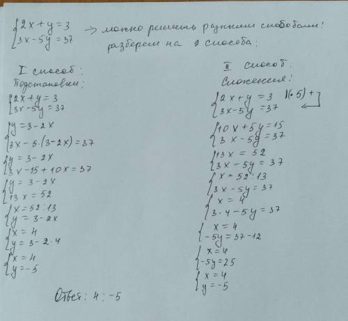 {2x+y=3 {3x-5y=37 Розвяжіть системурівнянь