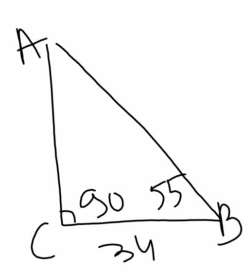 В треугольнике АВС известно, что ∠С=90°, ВС=34 см, ∠В=55°. Найдите ∠А, стороны АС и АВ.