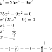 y' = 25 {x}^{4} - 9 {x}^{2} \\ \\ 25 {x}^{4} - 9 {x}^{2} = 0 \\ {x}^{2} (25 {x}^{2} - 9) = 0 \\ x1 = 0 \\ {x}^{2} = \frac{9}{25} \\ x = \pm \frac{3}{5} \\ + \: \: \: \: \: \: \: \: \: \: \: \: - \: \: \: \: \: \: \: \: - \: \: \: \: \: \: \: + \\ - -( - \frac{3}{5}) - - 0 - -\frac{3}{5} -