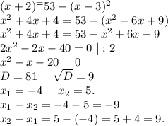 (x+2)^=53-(x-3)^2\\x^2+4x+4=53-(x^2-6x+9)\\x^2+4x+4=53-x^2+6x-9\\2x^2-2x-40=0\ |:2\\x^2-x-20=0\\D=81\ \ \ \ \sqrt{D}=9\\x_1=-4\ \ \ \ x_2=5.\\x_1-x_2=-4-5=-9\\x_2-x_1=5-(-4)=5+4=9.