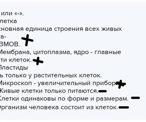 «+» или «-». 1. Клетка- основная единица строения всех живых орга-НИЗМОВ.2. Мембрана, цитоплазма, яд