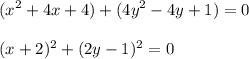 \displaystyle\\(x^2+4x+4)+(4y^2-4y+1)=0\\\\(x+2)^2+(2y-1)^2=0