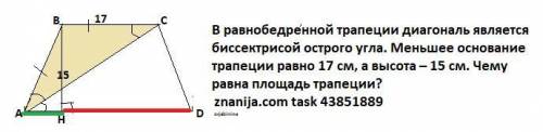 В равнобедренной трапеции диагональ является биссектрисой острого угла. Меньшее основание трапеции р