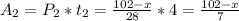 A_2=P_2*t_2=\frac{102-x}{28}*4=\frac{102-x}{7}