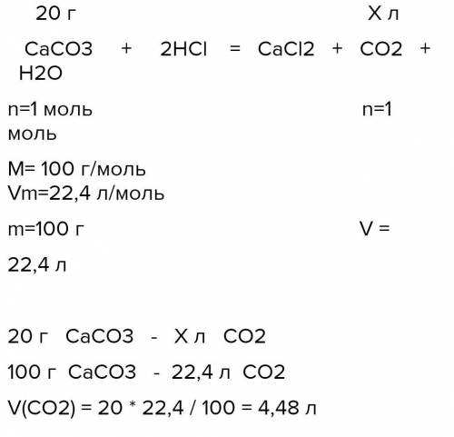 .Який об’єм карбон( Іv )оксиду виділиться, якщо на 20 г кальцій карбонату подіяли хлоридною кислотою