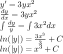 y' = 3y {x}^{2} \\ \frac{dy}{dx} = 3y {x}^{2} \\ \int\limits \frac{dy}{y} = \int\limits3 {x}^{2} dx \\ ln( |y| ) = \frac{3 {x}^{3} }{3} + C \\ ln( |y| ) = {x}^{3} + C