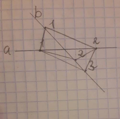 Прямые а и b пересекаются. На прямой а выбраны 2 точки,соединеныа на прямой b 3 точки. Выбранные точ
