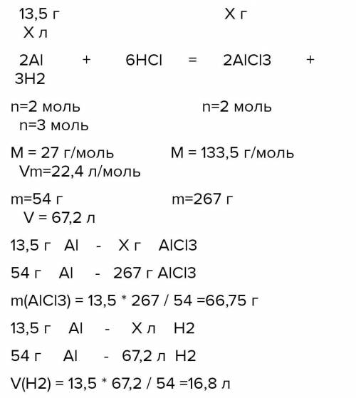 На алюміній масою 13,5 г. подіяли хлоридною кислотою. Який об'єм газу виділився(н.у)?