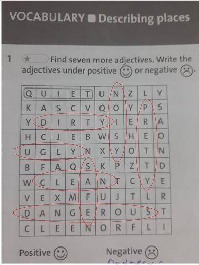 1 * Find seven more adjectives. Write theadjectives under positive or negativeQUI E TU NZ L YKAScuol