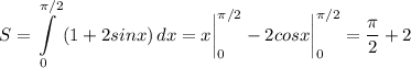 \displaystyle S=\int\limits^{\pi /2}_0 {(1+2sinx)} \, dx =x\bigg |_0^{\pi /2}-2cosx\bigg |_0^{\pi /2}=\frac{\pi }{2} +2