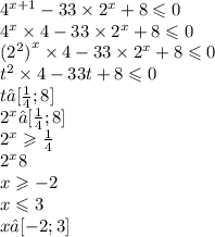 {4}^{x + 1} - 33 \times {2}^{x} + 8 \leqslant 0 \\ {4}^{x} \times 4 - 33 \times {2}^{x} + 8 \leqslant 0 \\ ( { {2}^{2} )}^{x} \times 4 - 33 \times {2}^{x} + 8 \leqslant 0 \\ {t}^{2} \times 4 - 33t + 8 \leqslant 0 \\ t∈[ \frac{1}{4} ;8] \\ {2}^{x} ∈[ \frac{1}{4} ;8 ] \\ {2}^{x} \geqslant \frac{1}{4} \\ {2}^{x} 8 \\ x \geqslant - 2 \\ x \leqslant 3 \\ x∈[ - 2;3 ]