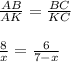 \frac{AB}{AK} =\frac{BC}{KC} \\\\ \frac{8}{x} =\frac{6}{7-x} \\\\