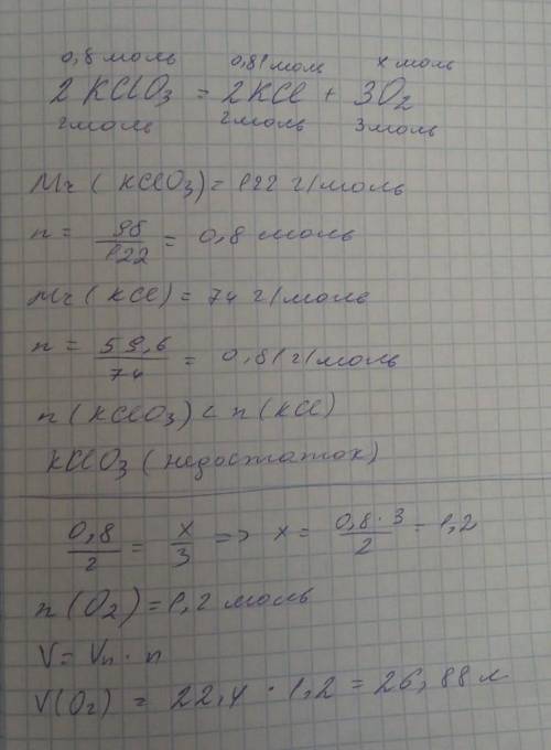 унаслідок нагрівання бертолетової солі KClO3 масою 98г добули кисень і 59,6г сполуки KCl. Яка маса к