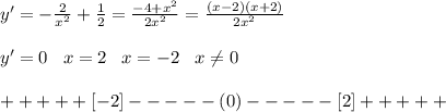 y'=-\frac{2}{x^2}+\frac{1}{2}=\frac{-4+x^2}{2x^2}=\frac{(x-2)(x+2)}{2x^2} \\\\y'=0\;\;\;x=2\;\;\;x=-2\;\;\;x\neq 0\\\\+++++[-2]-----(0)-----[2]+++++\\