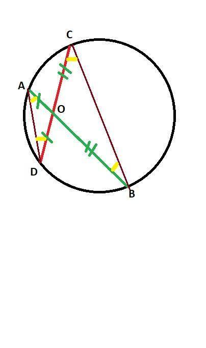 2 хорды окружности пересекаются, так что отмеченные на рисунке отрезки равны, докажите, что сами хор