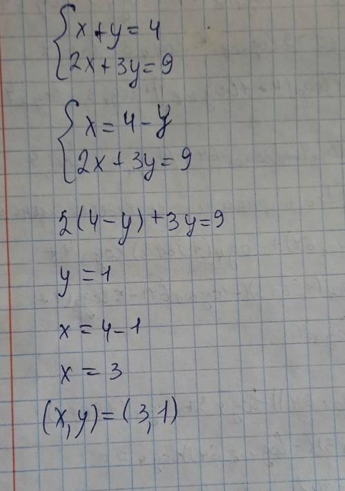 Розв'яжіть систему лiнiйних рiвнянь змiними графiчним x+y=4 2x+3y=9