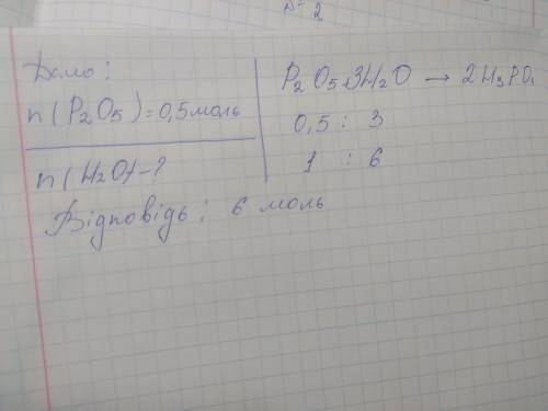 Яка кількість речовини води вступить в реакцію з фосфор (V) оксидом кількістю 0,5моль​