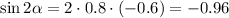 \sin2\alpha =2\cdot0.8\cdot(-0.6)=-0.96