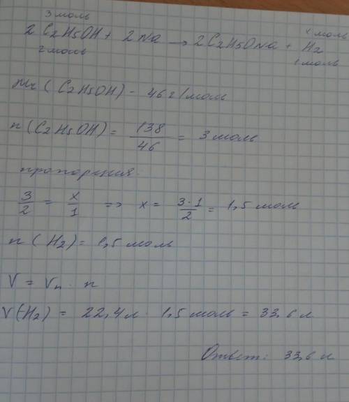 Який об'єм водню (н.у.) виділиться, якщо 138г етанолу вступає в реакцію з металічним натрієм?