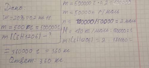 у 500 кг картоплі міститься 20% крохмалю. Знайти масу глюкози , отриманой при гідролізі цієй кількос