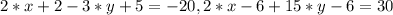 2*x+2-3*y+5=-20, 2*x-6+15*y-6=30