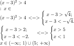 (x - 3)^{2} 4 \\ ОДЗ: \:x \in \R \\ (x - 3)^{2} 4 \: < = \begin{cases} \ x - 3 \sqrt{4} ; \\ x - 3 < - \sqrt{4} \[. \: \end{cases} \\\begin{cases} \ x - 3 2 ; \\ x - 3 < - 2 \[. \: \end{cases} < = \begin{cases} x 5 \\x < 1 \end{cases} \\ x \in( - \infty ; \: 1) \cup(5; \: + \infty )