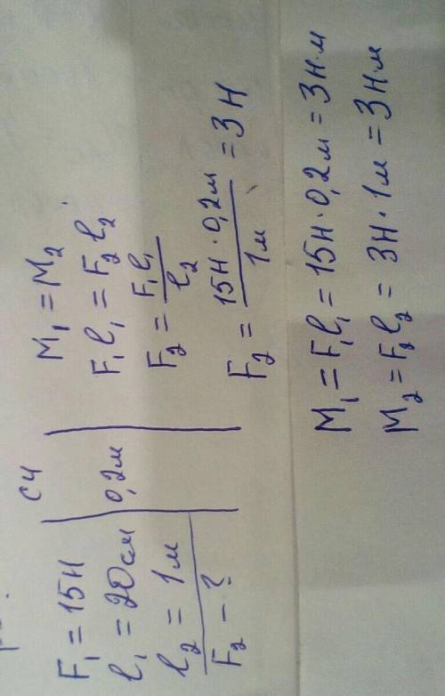 Сила, приложенная к правому плечу рычага, равна 15 Н. Плечо этой силы 20 см. Чему равна вторая сила,
