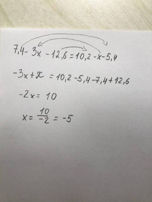 Знайди корінь рівнняня 7,4-3(x+4,2)=10,2-(x+5,4)