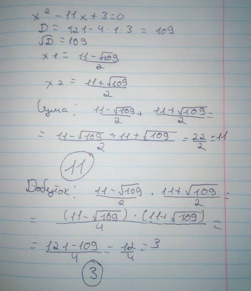 Знайдіть знайдіть суму і добуток коренів рівняння x2-11x+3=0( теорема Вієта) ​