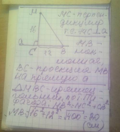 З точки М до прямої а проведено перпендикуляр МС = 16 см і похилу МВ. Знайти довжину похилої МВ, якщ