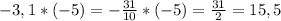 -3,1*(-5) =- \frac{31}{10} *(-5) = \frac{31}{2}= 15,5