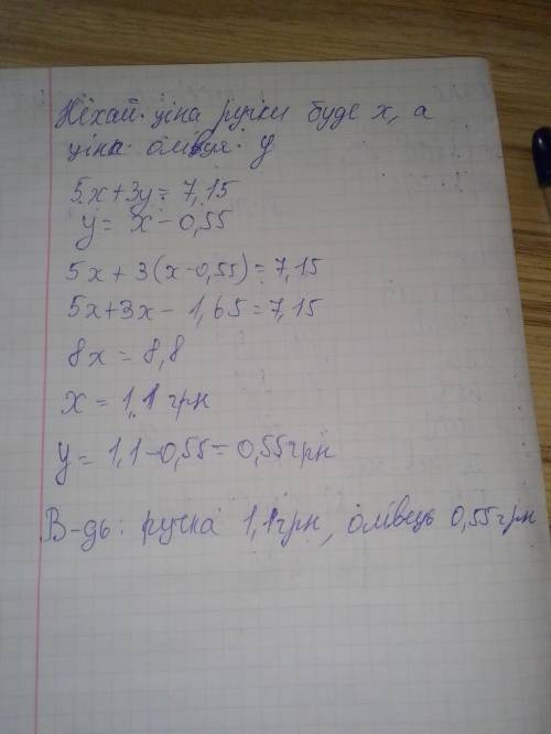 За 5 ручок і 3 олівці заплатили 7 грн.15 коп. Скільки коштує одна ручка і скільки один олівець, якщо