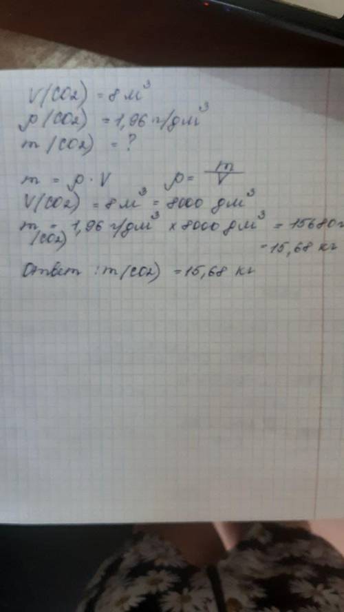 Определите массу 8м3 углекислого газа, если его плотность = 1, 96г/дм3.