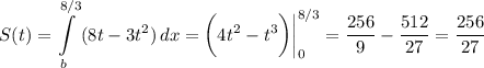 \displaystyle S(t) = \int\limits^{8/3}_b {(8t-3t^2)} \, dx =\bigg (4t^2-t^3\bigg ) \bigg |_0^{8/3}=\frac{256}{9} -\frac{512}{27} =\frac{256}{27}