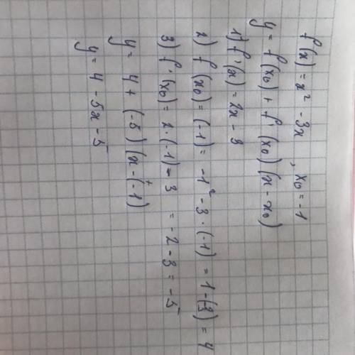 Складіть рівняння дотичної до графіка функції f(x) = x² - 3x у точці x0 =-1