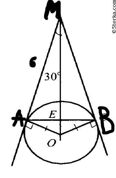 Прямі МА і МВ дотикаються до кола з центром О в точках А і В. Знайдіть АВ, якщо ОМА =30, АМ = 6 см
