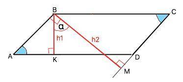 Знайдіть площу паралелограма,якщо висоти,проведені з вершини тупого кута,дорівнюють h1 і h2,а кут мі