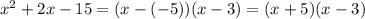 x^{2} +2x-15 = (x-(-5))(x-3) = (x+5)(x-3)