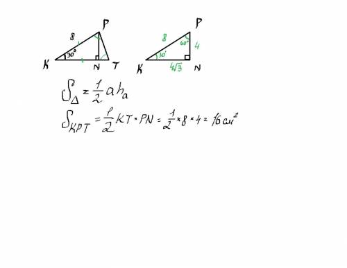 Определи площадь треугольника KPT, если KT = 8 см, ∡K=30°, ∡P=75°. SKPT= {ответ] см2(все приблизител