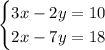 \begin{cases}3x-2y=10\\ 2x-7y=18\end{cases}